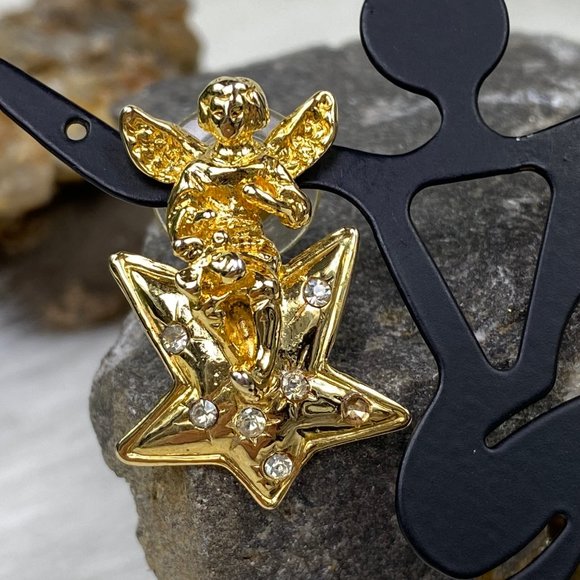 Vintage Gold Tone Angel on Star Pierced Earrings Rhinestones - Picture 4 of 8